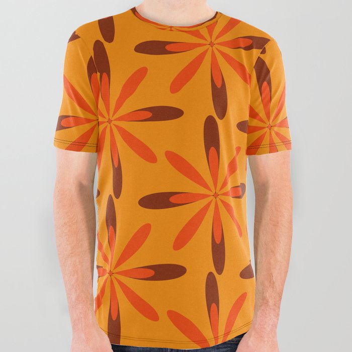 Retro Flowers in Orange & Brown All Over Graphic Tee