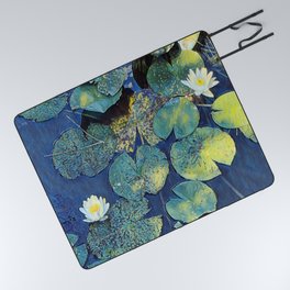 Blooming Lotus Flowers in Blue - Waterlily Picnic Blanket