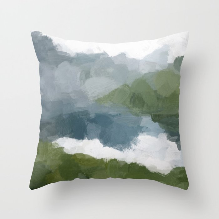 Cloud Reflection - Gray Blue Lake White Green Mountain Reflection Abstract Nature Painting Art Print Throw Pillow