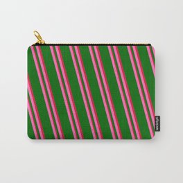 [ Thumbnail: Hot Pink, Dark Green & Crimson Colored Lines Pattern Carry-All Pouch ]