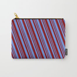 [ Thumbnail: Dark Red & Cornflower Blue Colored Lined/Striped Pattern Carry-All Pouch ]