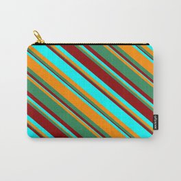[ Thumbnail: Dark Orange, Sea Green, Dark Red, and Aqua Colored Stripes/Lines Pattern Carry-All Pouch ]