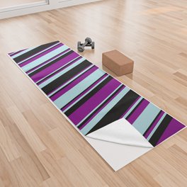 [ Thumbnail: Powder Blue, Purple, and Black Colored Striped/Lined Pattern Yoga Towel ]