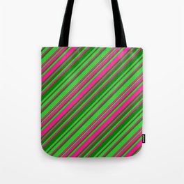 [ Thumbnail: Deep Pink, Green & Lime Green Colored Lines Pattern Tote Bag ]