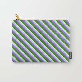 [ Thumbnail: Colorful Light Blue, Purple, Dim Grey, Forest Green, and Light Yellow Colored Lined Pattern Carry-All Pouch ]