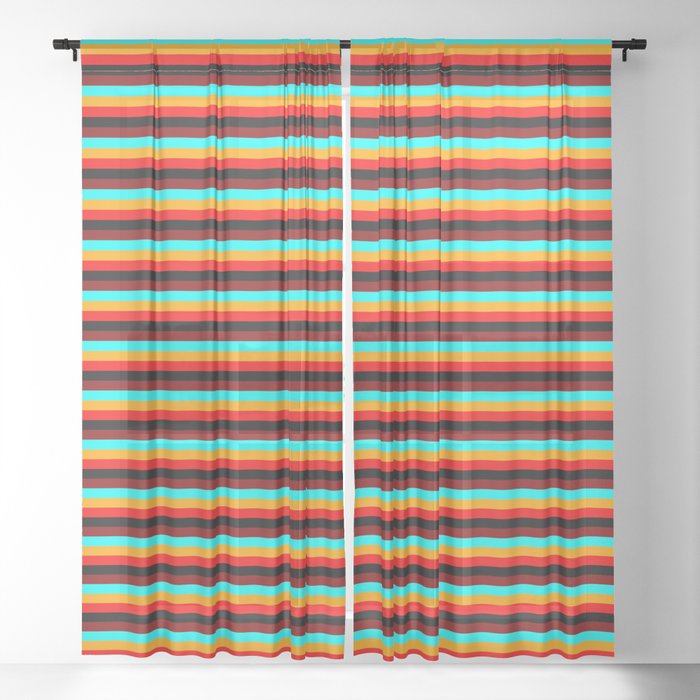 Vibrant Cyan, Orange, Red, Black & Maroon Lined/Striped Pattern Sheer Curtain