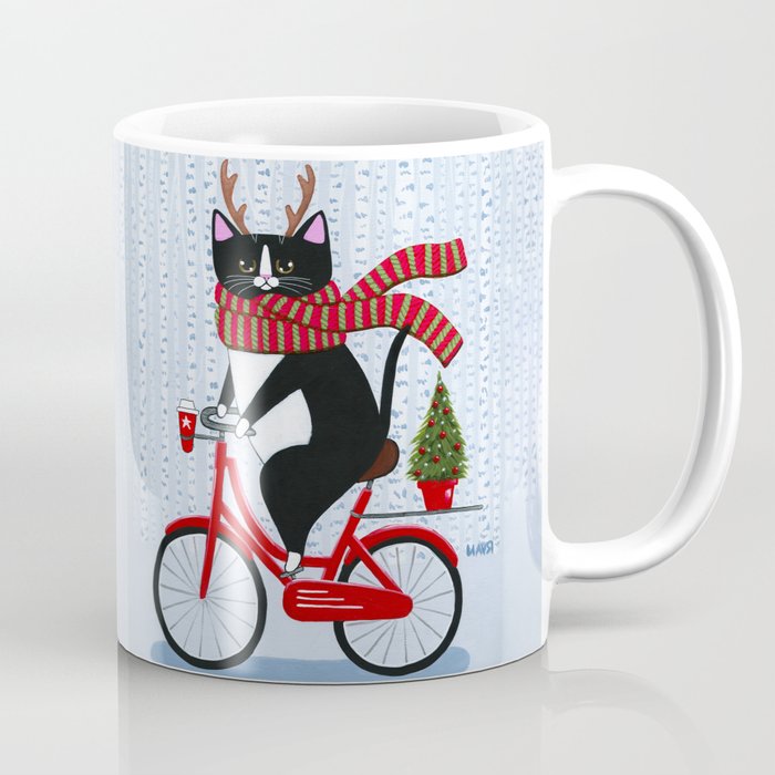 Tuxedo Cat Christmas Bicycle Ride Coffee Mug