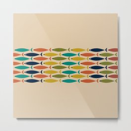 Midcentury Modern Multicolor Fish Stripe Pattern in Olive, Mustard, Orange, Teal, Beige Metal Print | Graphicdesign, Colorful, Fish, Mid Century, Muted, Midcentury, Midcenturymodern, Modern, Vintage, Kierkegaard Design 