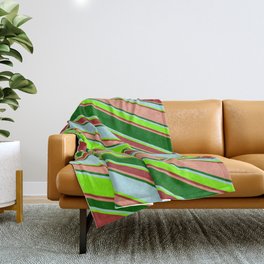 [ Thumbnail: Vibrant Powder Blue, Chartreuse, Brown, Dark Salmon & Dark Green Colored Lined/Striped Pattern Throw Blanket ]
