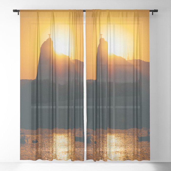 Brazil Photography - Sunset Behind Christ The Redeemer Sheer Curtain