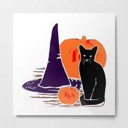 Witch Cat Pumpkin Woodcut Halloween Design Metal Print | Black, Samhain, Fall, Seasonal, Woodcut, Color Block, Susan Phillips Hicks, Cat, Stencil, Pumpkin 