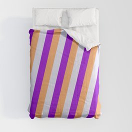 [ Thumbnail: Dark Violet, Brown & Lavender Colored Lines Pattern Comforter ]