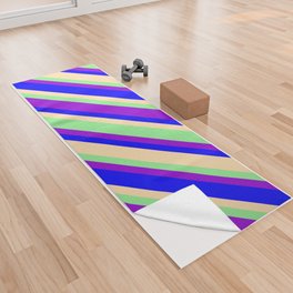 [ Thumbnail: Light Green, Dark Violet, Blue & Tan Colored Lines Pattern Yoga Towel ]