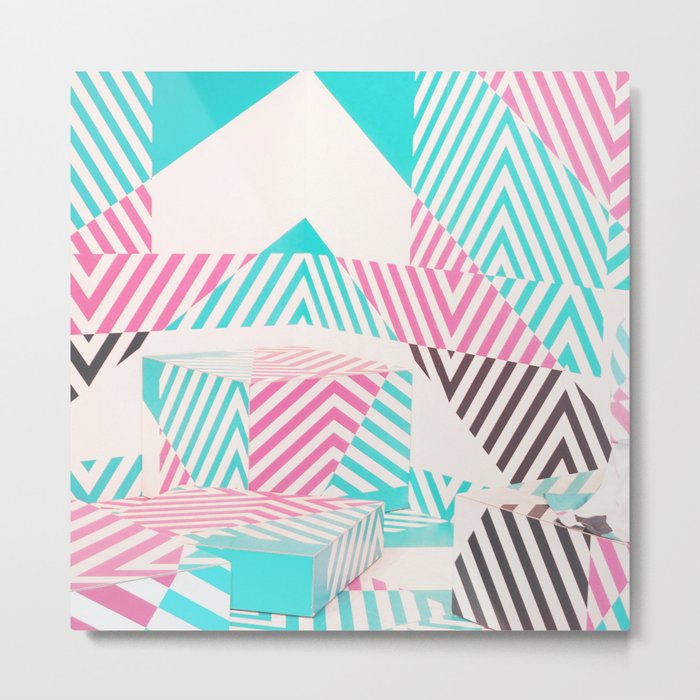 Artistic abstract pink teal geometric stripes Metal Print