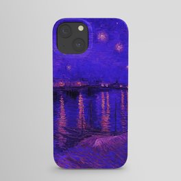 Starry Night Over the Rhone landscape painting by Vincent van Gogh in alternate midnight blue with pink stars iPhone Case