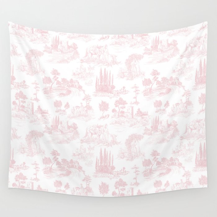 Toile de Jouy Vintage French Romantic Pastoral Baby Pink & White Wall Tapestry