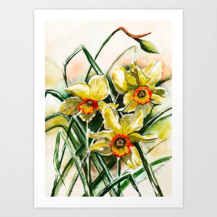 Yellow daffodil watercolor art print floral art print flower artwork, daffodil watercolour painting spring flowers wall art