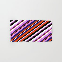 [ Thumbnail: Eyecatching Violet, Midnight Blue, Red, Black & White Colored Lines/Stripes Pattern Hand & Bath Towel ]