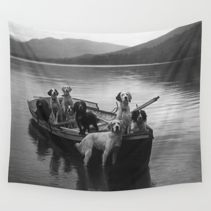 Dogs on a boat black and white canine photograph portrait - photographs - photography Wall Tapestry