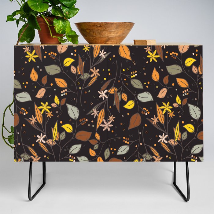 Autumn leaves, berries and flowers - fall themed pattern Credenza