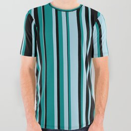 [ Thumbnail: Light Blue, Dark Cyan & Black Colored Striped Pattern All Over Graphic Tee ]