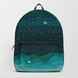 Starry Ocean, teal sailboat watercolor sea waves night Backpack