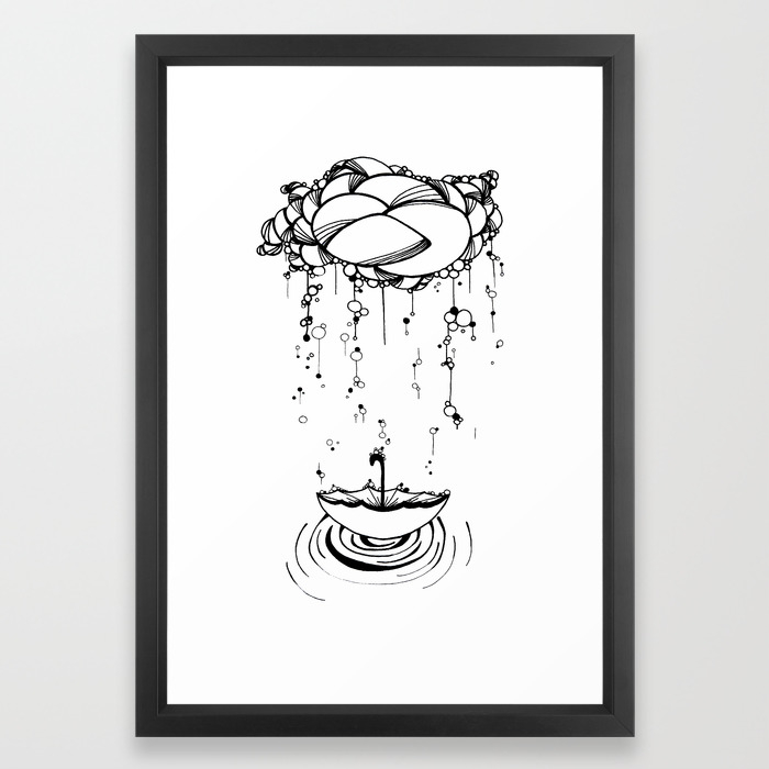 Abstract Whimsical Illustration Rain Cloud Umbrella Black And White Pen And Ink Framed Art Print By Treelovergirl Society6
