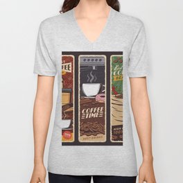 Coffee shop vintage vintage banners, cafeteria and cafe menu. Coffee machine and cups of hot cappuccino, espresso and americano, latte and frappe with donut and macaron sweet desserts V Neck T Shirt