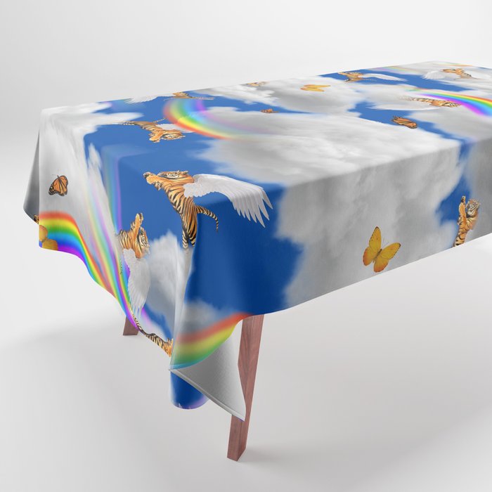 flying tiger in the clouds with rainbows Tablecloth