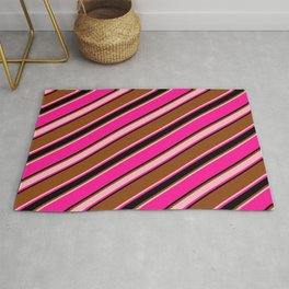 [ Thumbnail: Brown, Light Pink, Deep Pink & Black Colored Stripes/Lines Pattern Rug ]