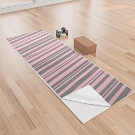 [ Thumbnail: Pink and Grey Colored Striped Pattern Yoga Towel ]