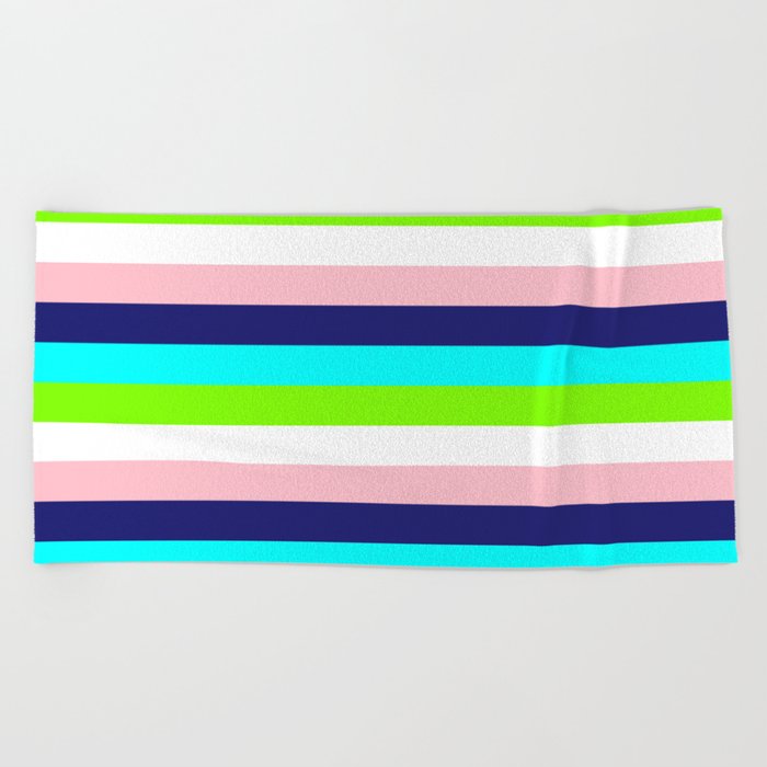 Pink, Midnight Blue, Cyan, Chartreuse, and White Colored Lined/Striped Pattern Beach Towel