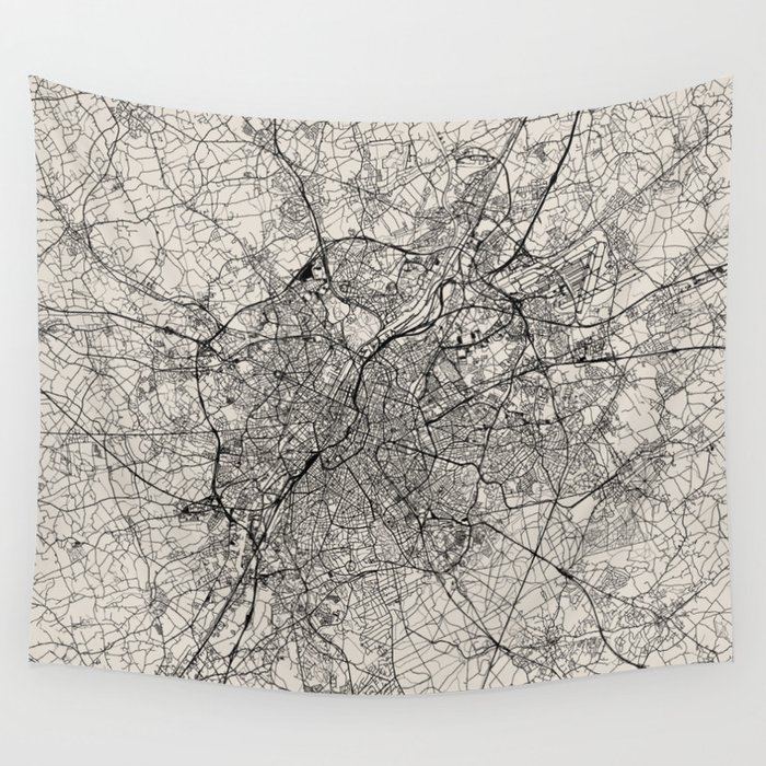 Belgium, Brussels - Black and White City Map - Aesthetic Wall Art Wall Tapestry