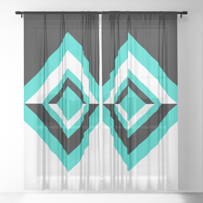 Teal Black and White Diamond Shapes Digital Illustration - Artwork Sheer Curtain