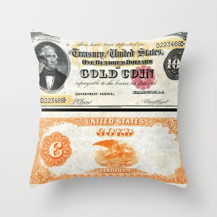 Vintage 1882 US $100 Dollar Bill Gold Certificate Wall Art Throw Pillow