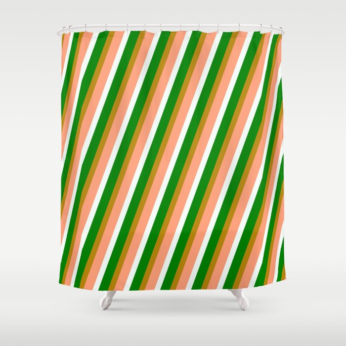 Dark Goldenrod, Light Salmon, Mint Cream, and Green Colored Pattern of Stripes Shower Curtain