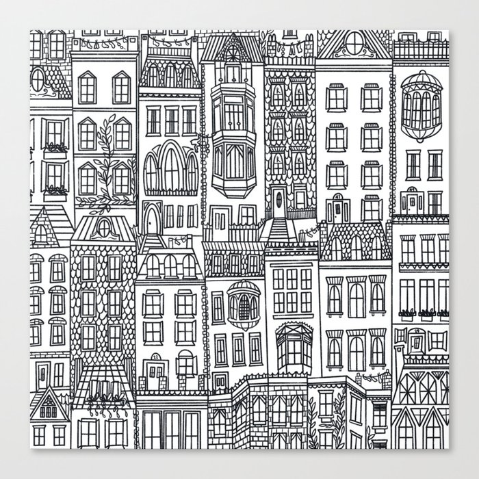 New York Brownstones Black and White Line Drawing Canvas Print