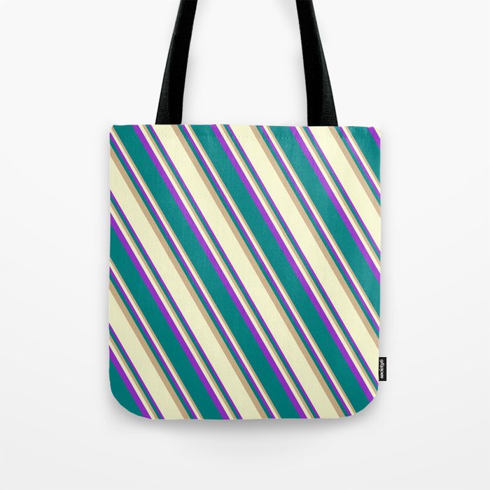 Tan, Light Yellow, Dark Orchid, and Teal Colored Stripes Pattern Tote Bag