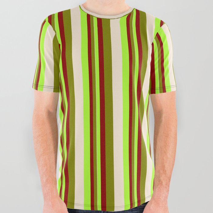 Light Green, Dark Red, Green, and Beige Colored Lines Pattern All Over Graphic Tee