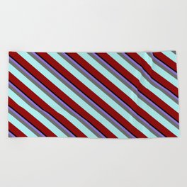 [ Thumbnail: Eye-catching Purple, Dim Gray, Turquoise, Dark Red, and Black Colored Lined Pattern Beach Towel ]