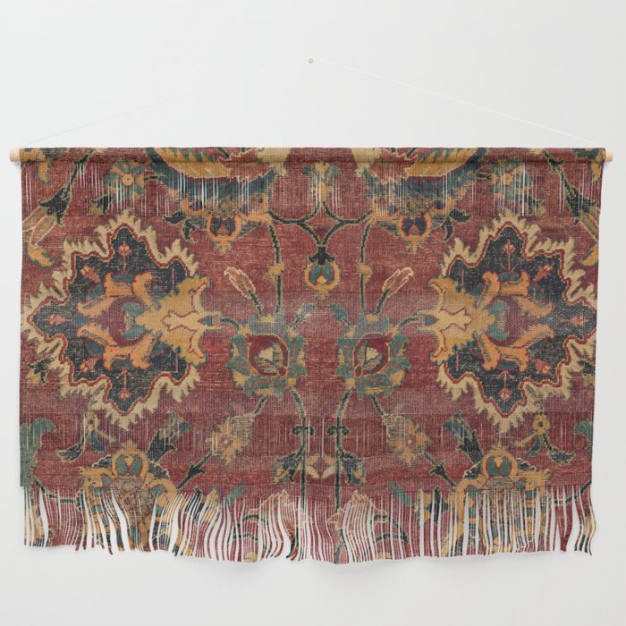 Flowery Boho Rug III // 17th Century Distressed Colorful Red Navy Blue Burlap Tan Ornate Accent Patt Wall Hanging