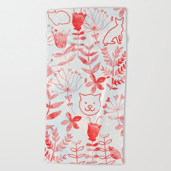 Watercolor Floral & Cat Beach Towel