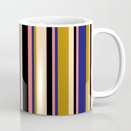 [ Thumbnail: Light Coral, Midnight Blue, Dark Goldenrod, Tan & Black Colored Lined Pattern Coffee Mug ]