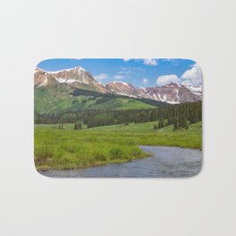 East River Rocky Mountain Style Bath Mat | Green, Gothic, Rockymountains, Snow, Colorado, Mountains, Highway317, Eastriver, Trees, Landscape 