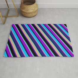 [ Thumbnail: Eyecatching Deep Sky Blue, Tan, Dark Violet, Midnight Blue, and Black Colored Lines Pattern Rug ]
