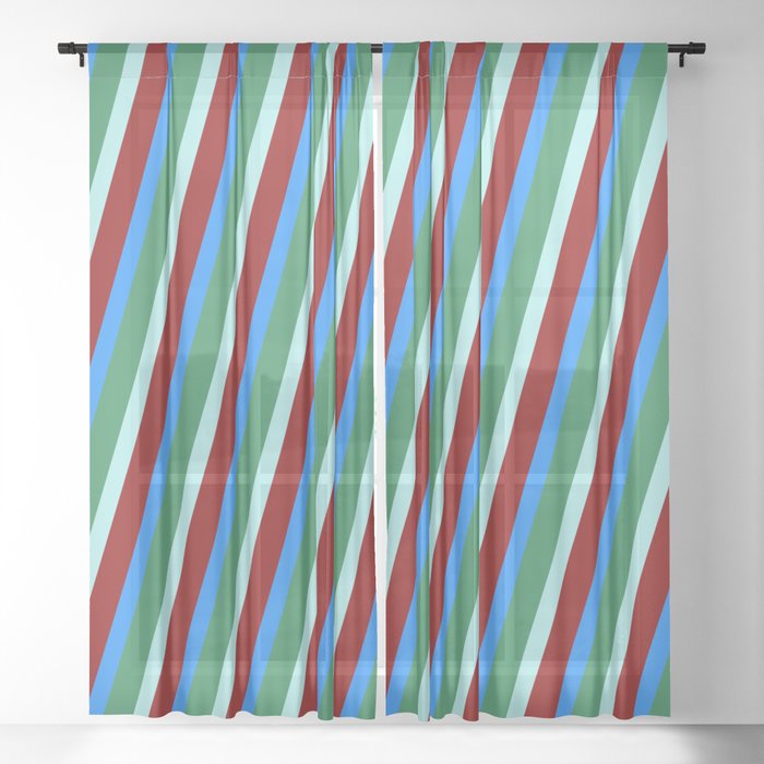 Dark Red, Blue, Sea Green & Turquoise Colored Striped/Lined Pattern Sheer Curtain