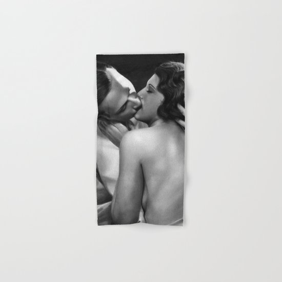 Kissing vintage couple - photorealistic pencil drawing Hand & Bath Towel
