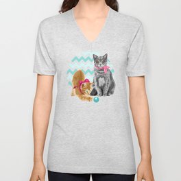 Two Lady Cats V Neck T Shirt