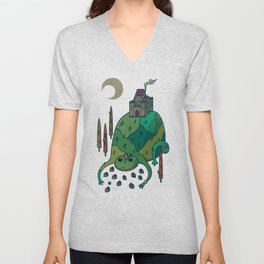 Under Froghill's Embrace V Neck T Shirt | Drawing, Moon, Trees, Castle, Fantasy, Town, Curated, Crown, Frog, Grass 