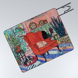 Red Armchair in Pink Interior with Houseplants, Ginger Cat, and Spaniel Interior Painting Picnic Blanket